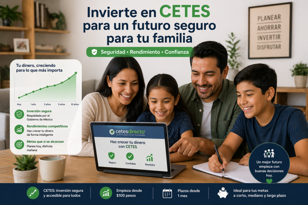  "happy mexican family financial planning"
Alt text: Familia mexicana invirtiendo en CETES para el futuro